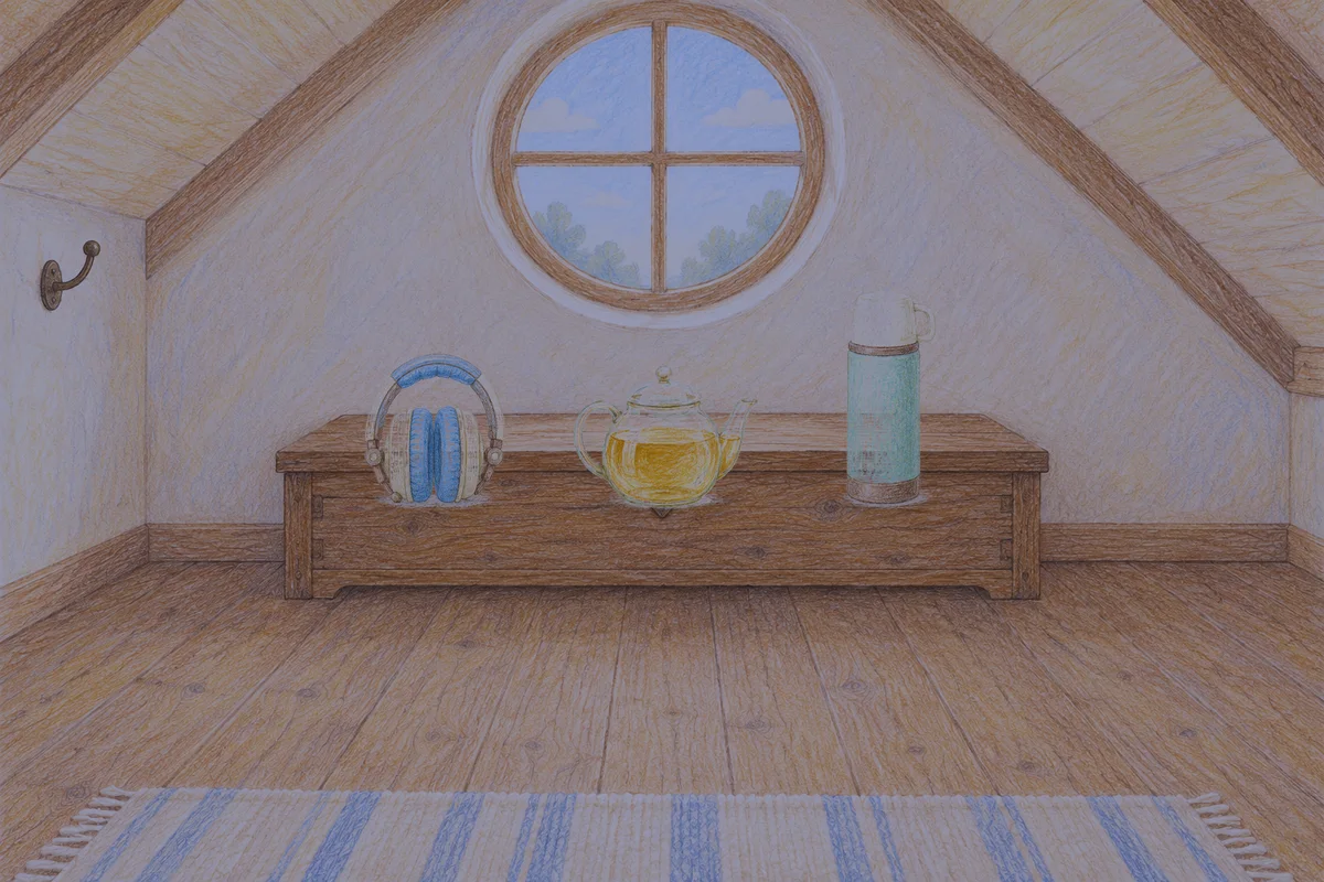 논현동 여성전용 등 마사지 안내 그림, 밤의 다락방 나무 궤짝 위에 놓인 헤드폰, 유리 티포트, 보온병