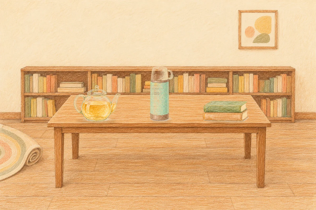 논현동 여성전용 두피 마사지 안내 그림, 낮의 서재 긴 책상 위에 놓인 유리 티포트, 보온병, 책 두 권