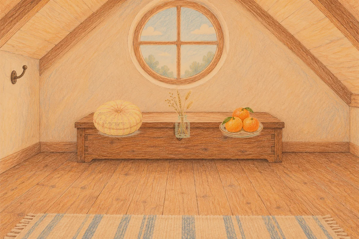 논현동 여성전용 두통 완화 마사지 안내 그림, 저녁의 다락방 나무 궤짝 위에 놓인 둥근 쿠션, 마른 풀을 꽂은 항아리, 귤이 담긴 접시