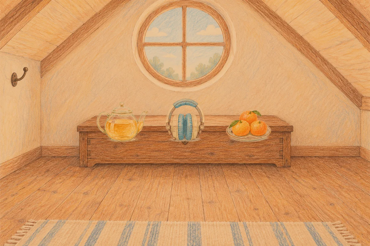 논현동 여성전용 페이셜 마사지 안내 그림, 저녁의 다락방 나무 궤짝 위에 놓인 유리 티포트, 헤드폰, 귤이 담긴 접시