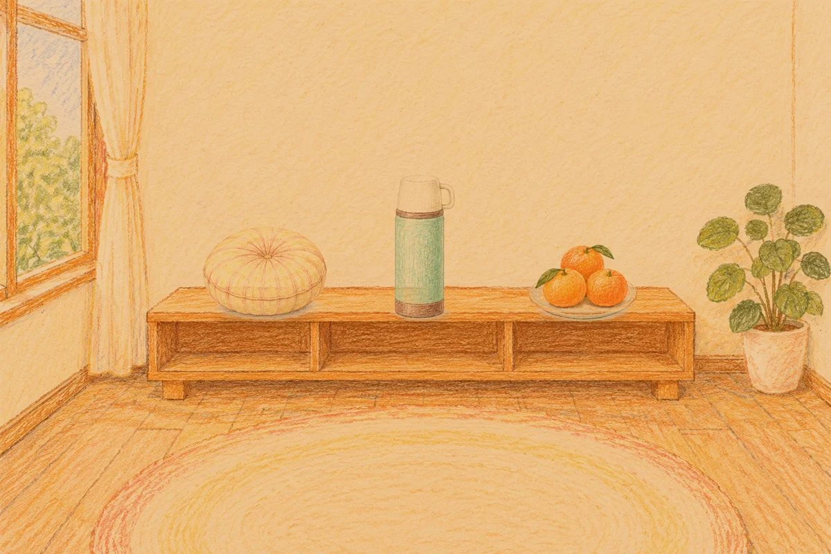 논현동 여성전용 피부 관리 안내 그림, 저녁의 창가 낮은 선반 위에 놓인 둥근 쿠션, 보온병, 귤이 담긴 접시