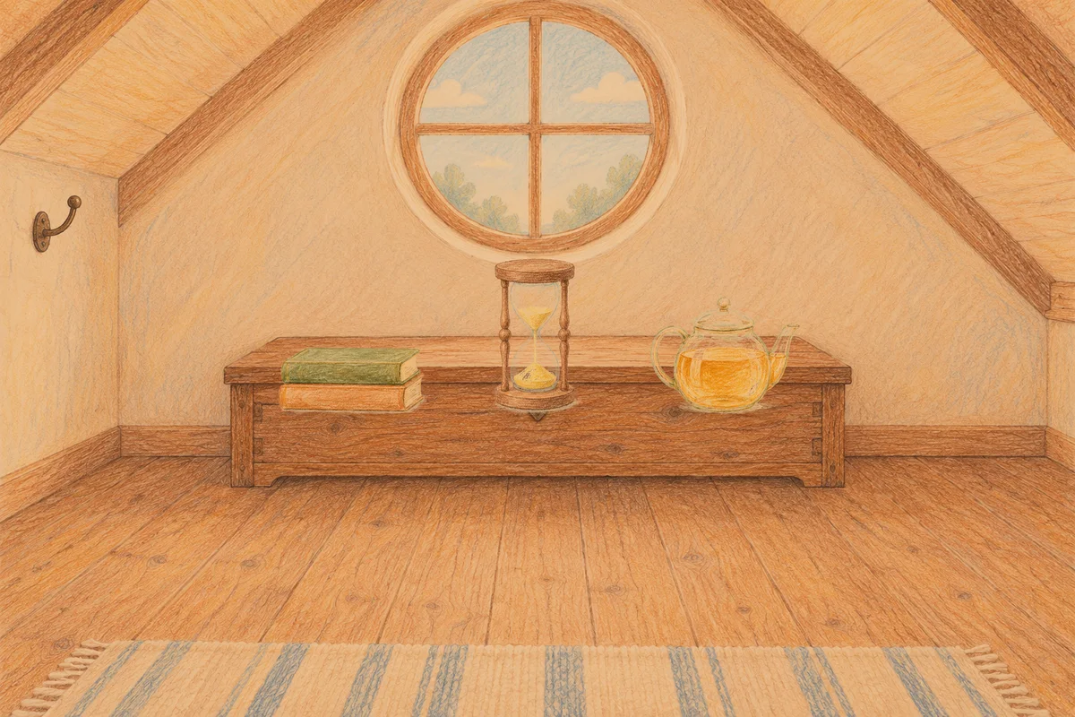 논현동 여성전용 샵 마사지 안내 그림, 저녁의 다락방 나무 궤짝 위에 놓인 책 두 권, 모래시계, 유리 티포트