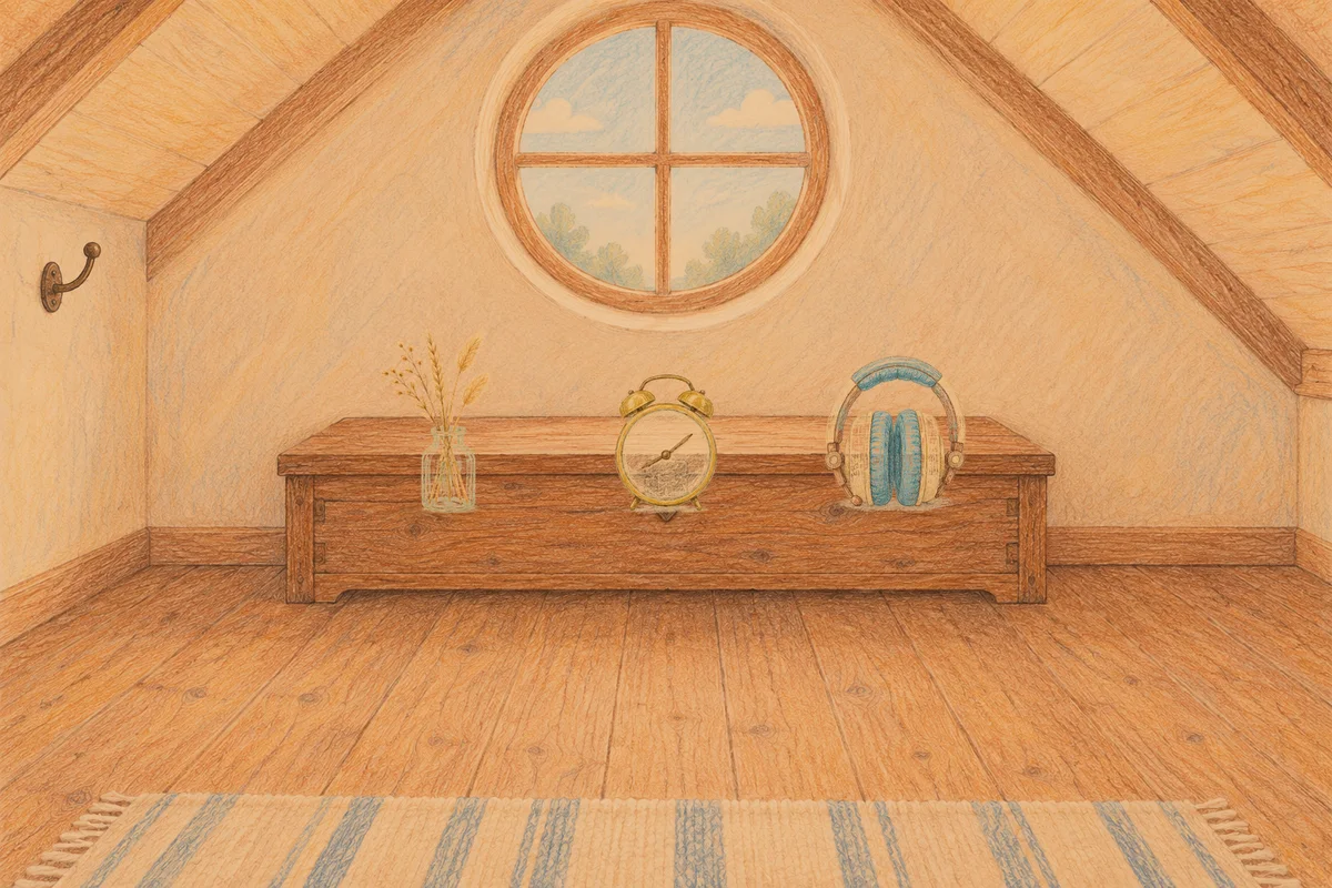 논현동 여성전용 추천 마사지 안내 그림, 저녁의 다락방 나무 궤짝 위에 놓인 마른 풀을 꽂은 항아리, 둥근 알람시계, 헤드폰