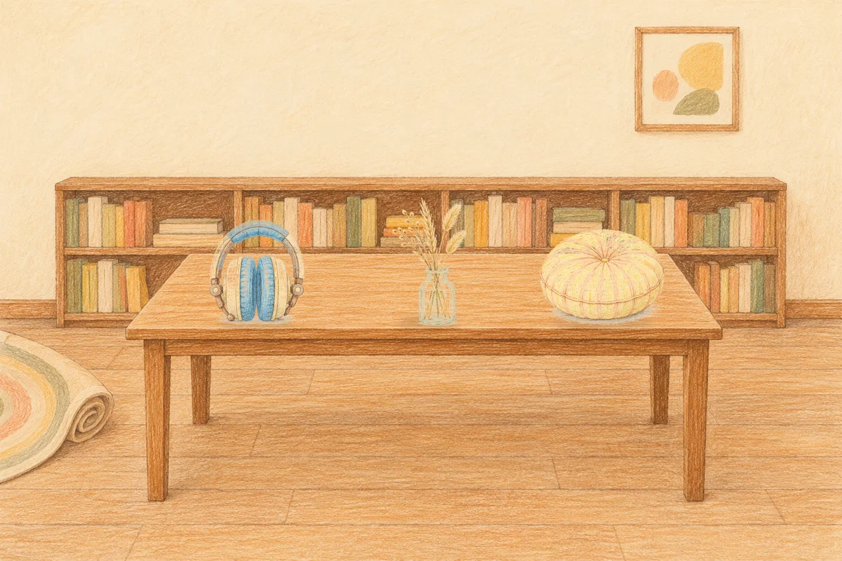압구정 여성전용 아로마 마사지 안내 그림, 낮의 서재 긴 책상 위에 놓인 헤드폰, 마른 풀을 꽂은 항아리, 둥근 쿠션
