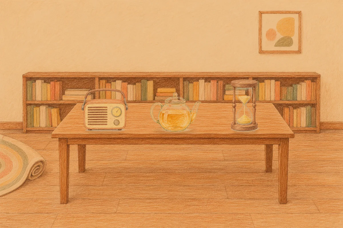 압구정 여성전용 아로마테라피 안내 그림, 저녁의 서재 긴 책상 위에 놓인 작은 라디오, 유리 티포트, 모래시계