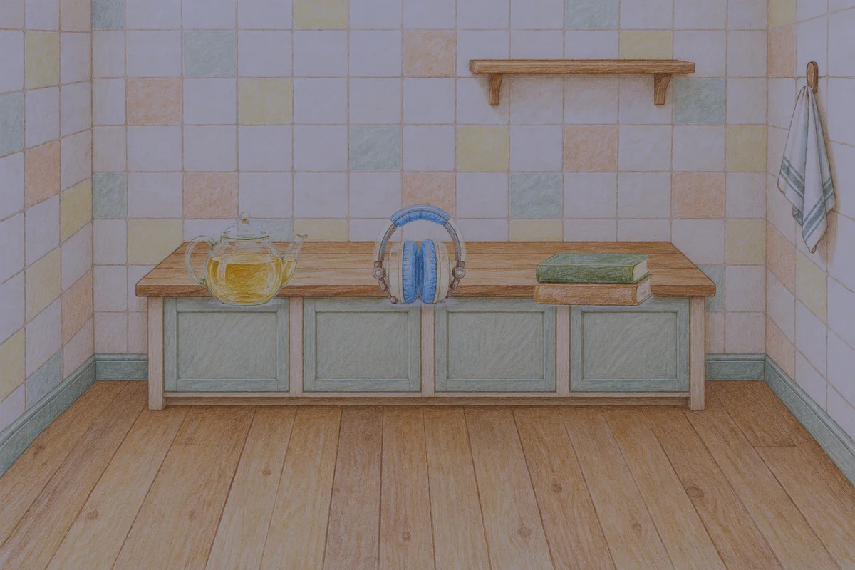 압구정 여성전용 프리미엄 스웨디시 안내 그림, 밤의 부엌 나무 조리대 위에 놓인 유리 티포트, 헤드폰, 책 두 권