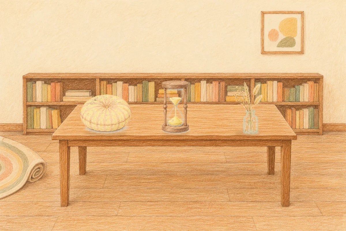 압구정 여성전용 스웨디시 후기 안내 그림, 낮의 서재 긴 책상 위에 놓인 둥근 쿠션, 모래시계, 마른 풀을 꽂은 항아리