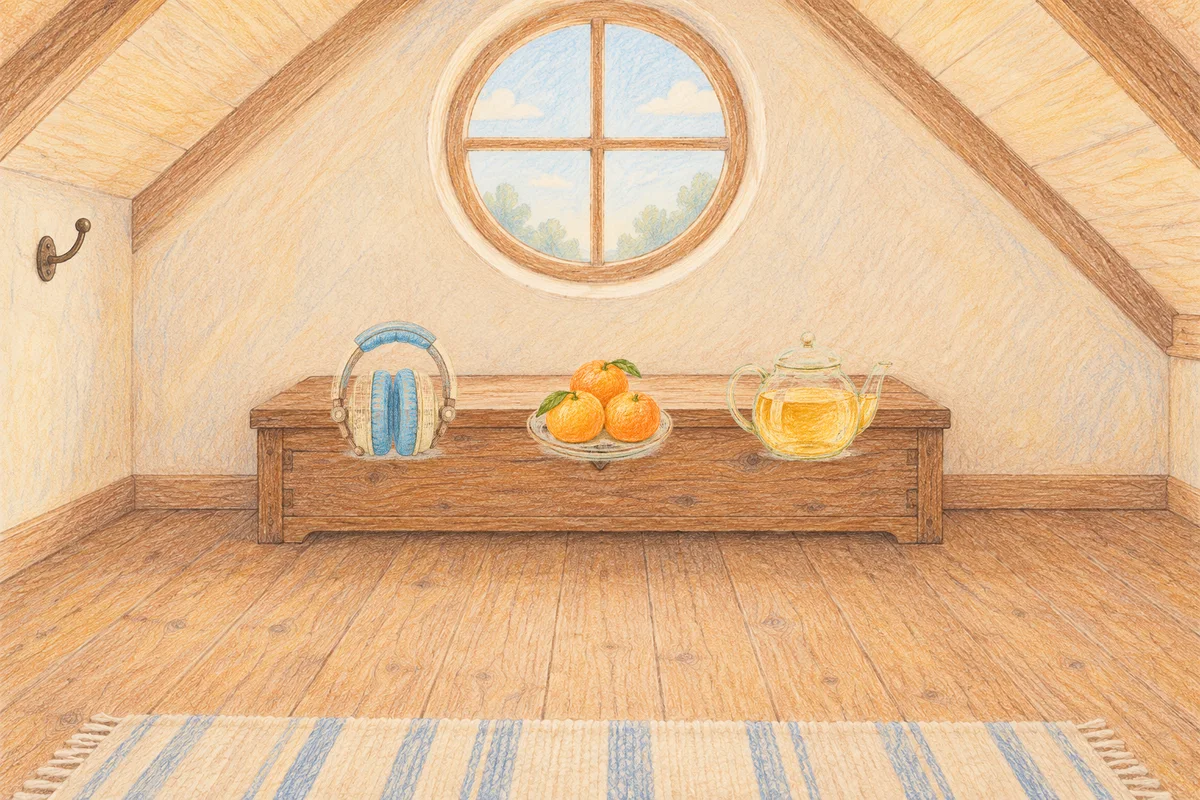 압구정 여성전용 아로마 가격 안내 그림, 낮의 다락방 나무 궤짝 위에 놓인 헤드폰, 귤이 담긴 접시, 유리 티포트