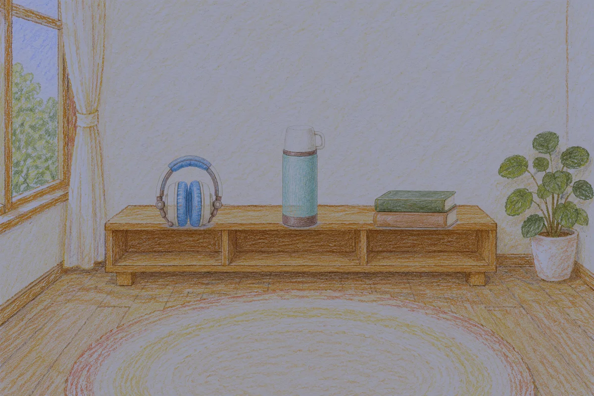 압구정 여성전용 얼굴 경락 안내 그림, 밤의 창가 낮은 선반 위에 놓인 헤드폰, 보온병, 책 두 권