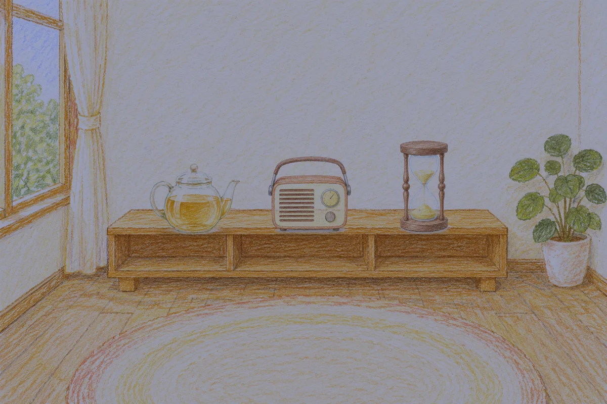 압구정 여성전용 경락 추천 안내 그림, 밤의 창가 낮은 선반 위에 놓인 유리 티포트, 작은 라디오, 모래시계