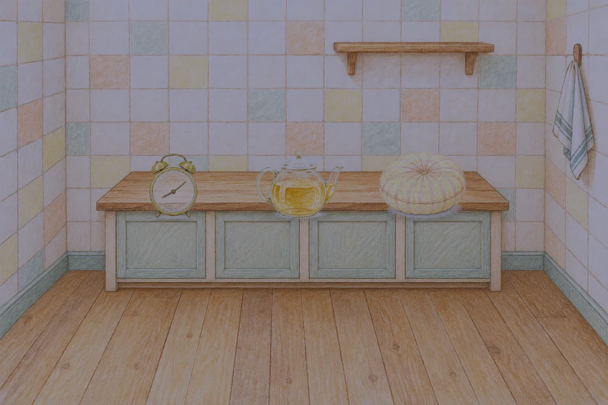 압구정 여성전용 방문 홈케어 안내 그림, 밤의 부엌 나무 조리대 위에 놓인 둥근 알람시계, 유리 티포트, 둥근 쿠션