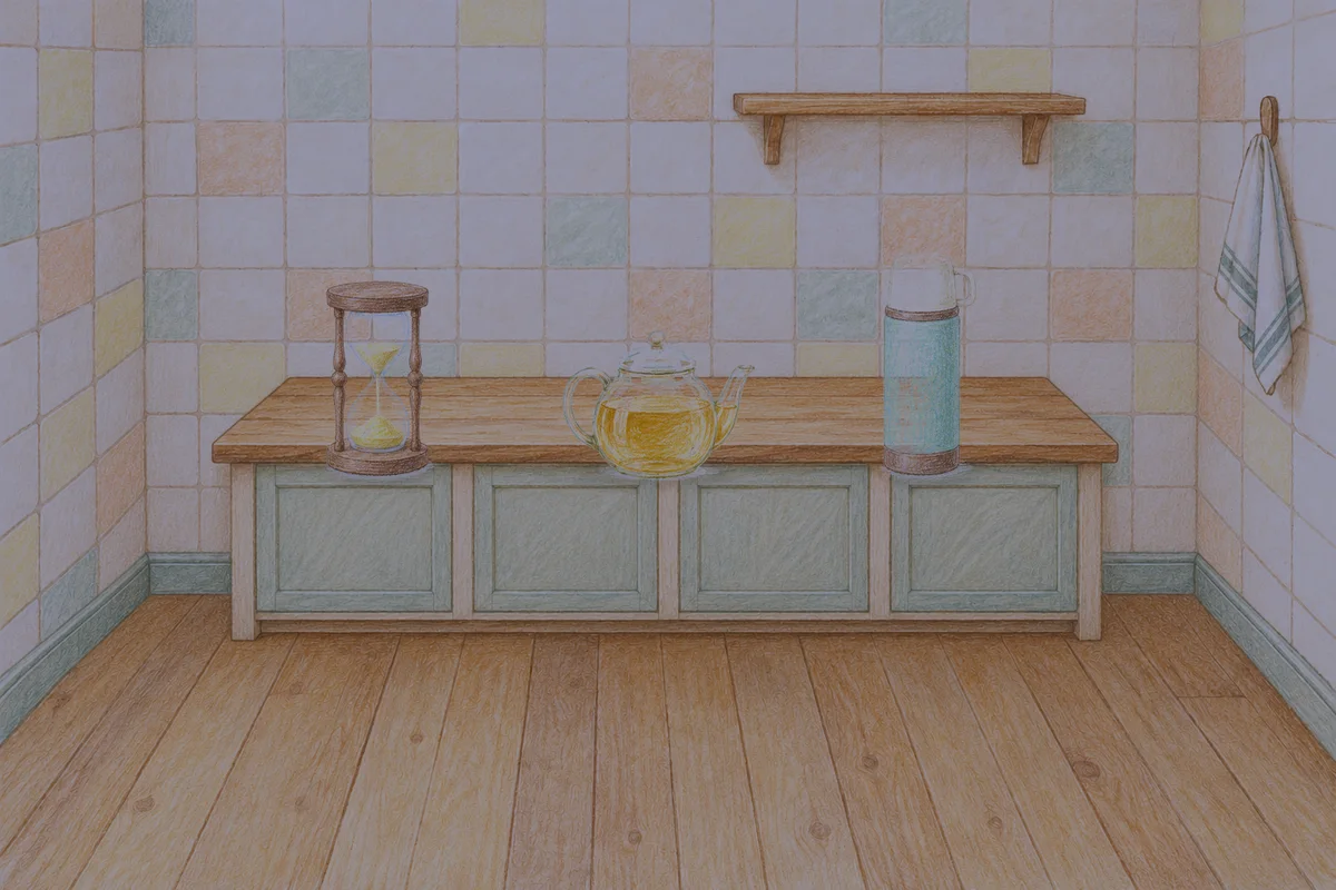 압구정 여성전용 1인샵 안내 그림, 밤의 부엌 나무 조리대 위에 놓인 모래시계, 유리 티포트, 보온병