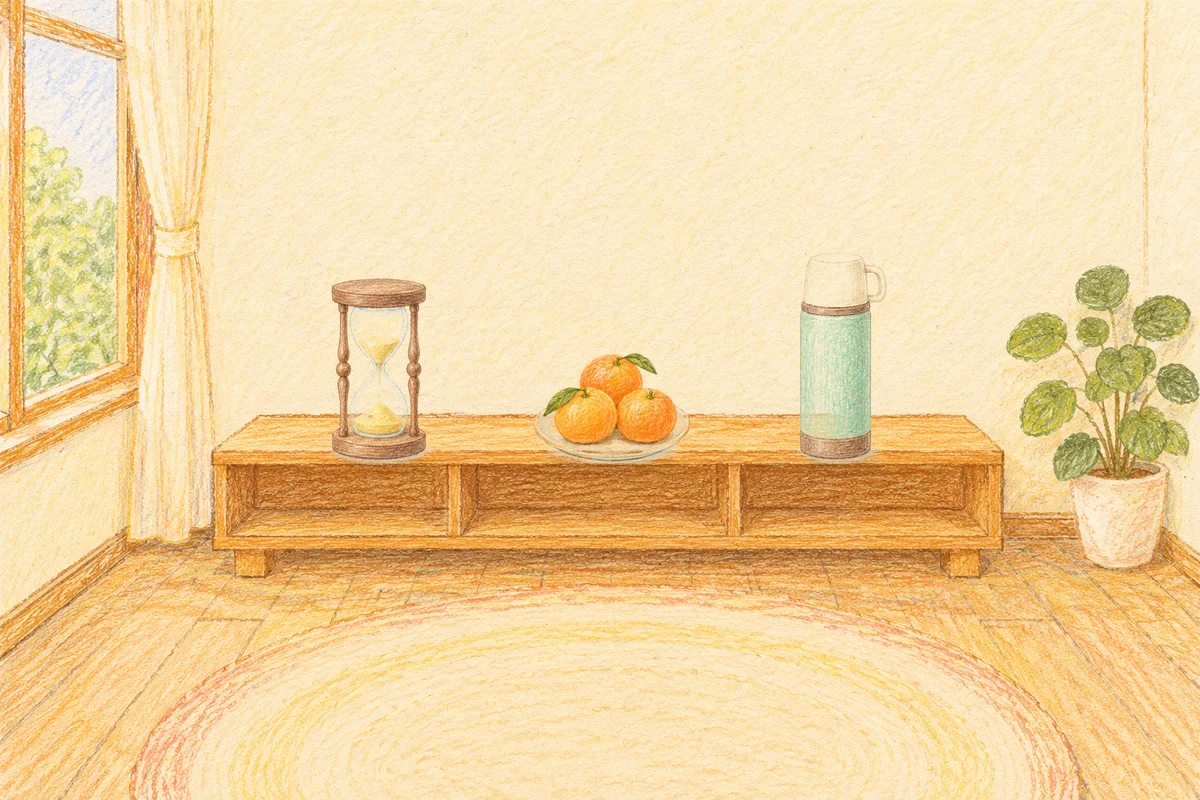 압구정 여성전용 프라이빗 케어 안내 그림, 낮의 창가 낮은 선반 위에 놓인 모래시계, 귤이 담긴 접시, 보온병
