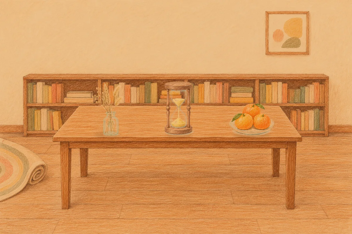 압구정 여성전용 홈케어 후기 안내 그림, 저녁의 서재 긴 책상 위에 놓인 마른 풀을 꽂은 항아리, 모래시계, 귤이 담긴 접시