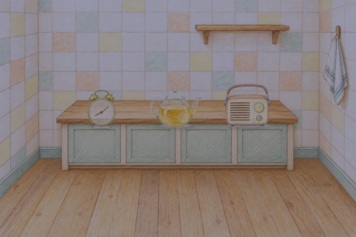 압구정 여성전용 발마사지 안내 그림, 밤의 부엌 나무 조리대 위에 놓인 둥근 알람시계, 유리 티포트, 작은 라디오