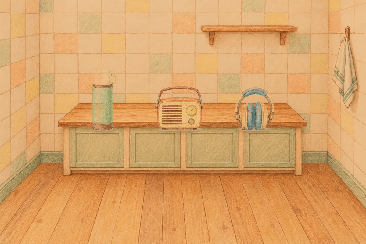 압구정 여성전용 발 케어 안내 그림, 저녁의 부엌 나무 조리대 위에 놓인 보온병, 작은 라디오, 헤드폰