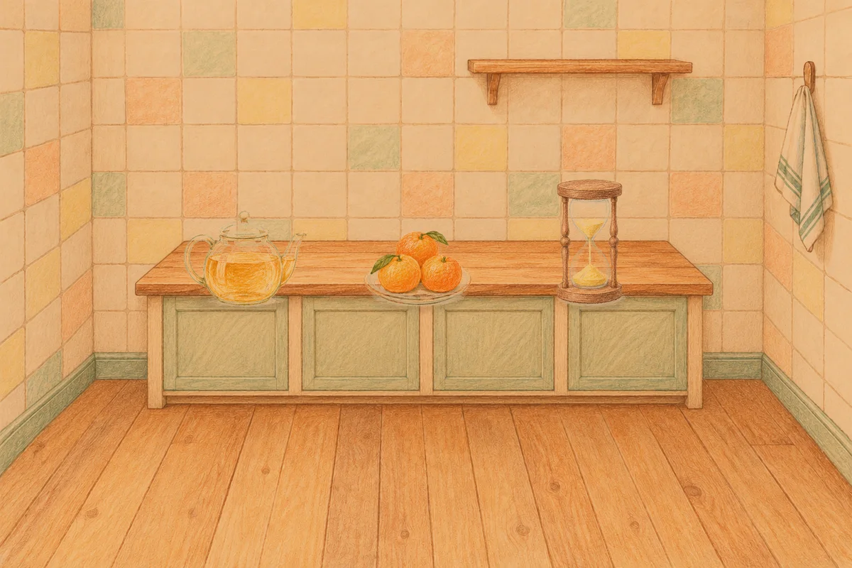 압구정 여성전용 발 부종 케어 안내 그림, 저녁의 부엌 나무 조리대 위에 놓인 유리 티포트, 귤이 담긴 접시, 모래시계