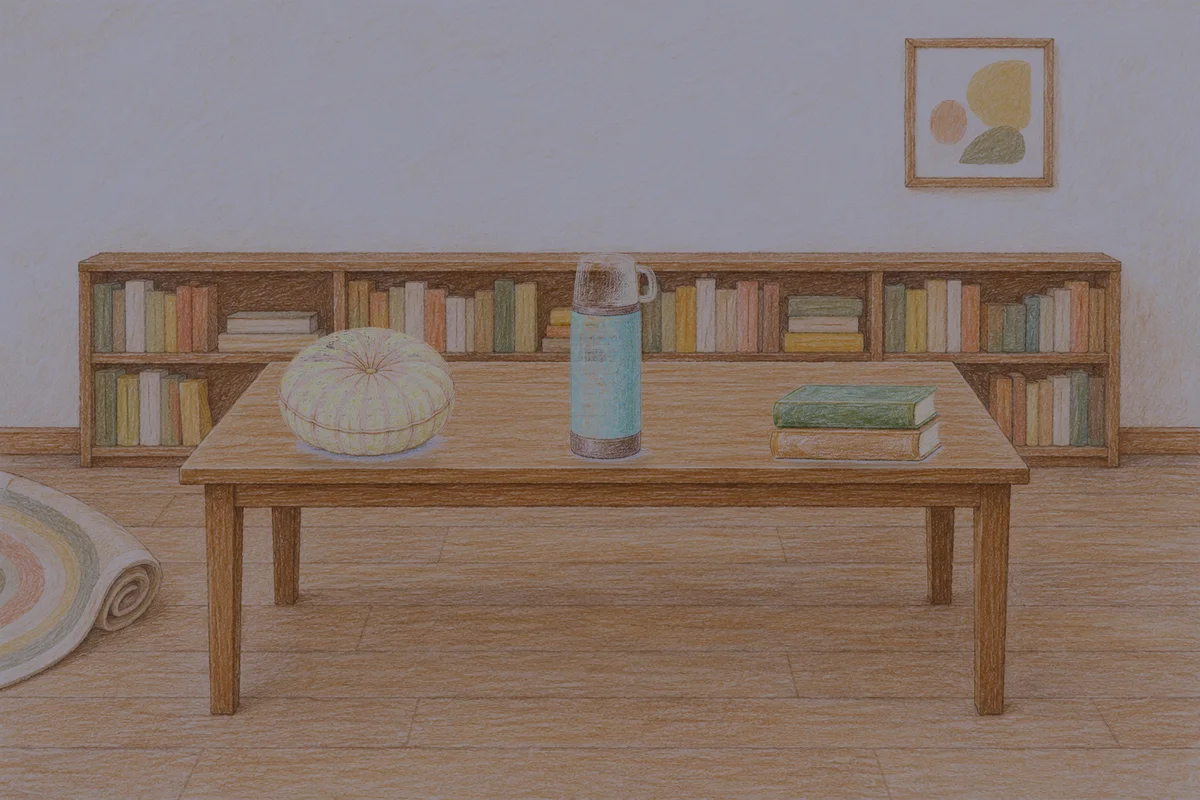 압구정 여성전용 발관리 후기 안내 그림, 밤의 서재 긴 책상 위에 놓인 둥근 쿠션, 보온병, 책 두 권