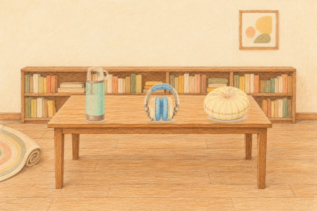압구정 여성전용 부종 케어 안내 그림, 낮의 서재 긴 책상 위에 놓인 보온병, 헤드폰, 둥근 쿠션