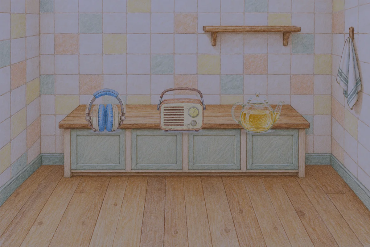 압구정 여성전용 슬리밍 마사지 안내 그림, 밤의 부엌 나무 조리대 위에 놓인 헤드폰, 작은 라디오, 유리 티포트