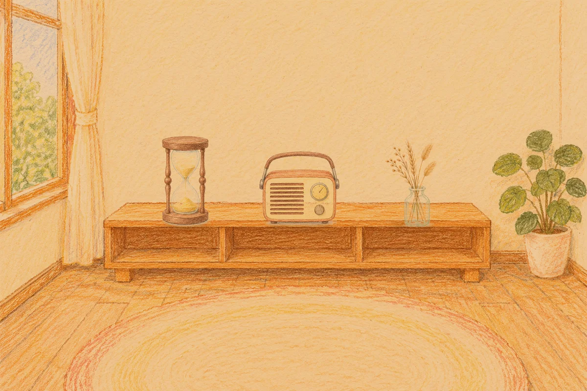 압구정 여성전용 디톡스 마사지 안내 그림, 저녁의 창가 낮은 선반 위에 놓인 모래시계, 작은 라디오, 마른 풀을 꽂은 항아리