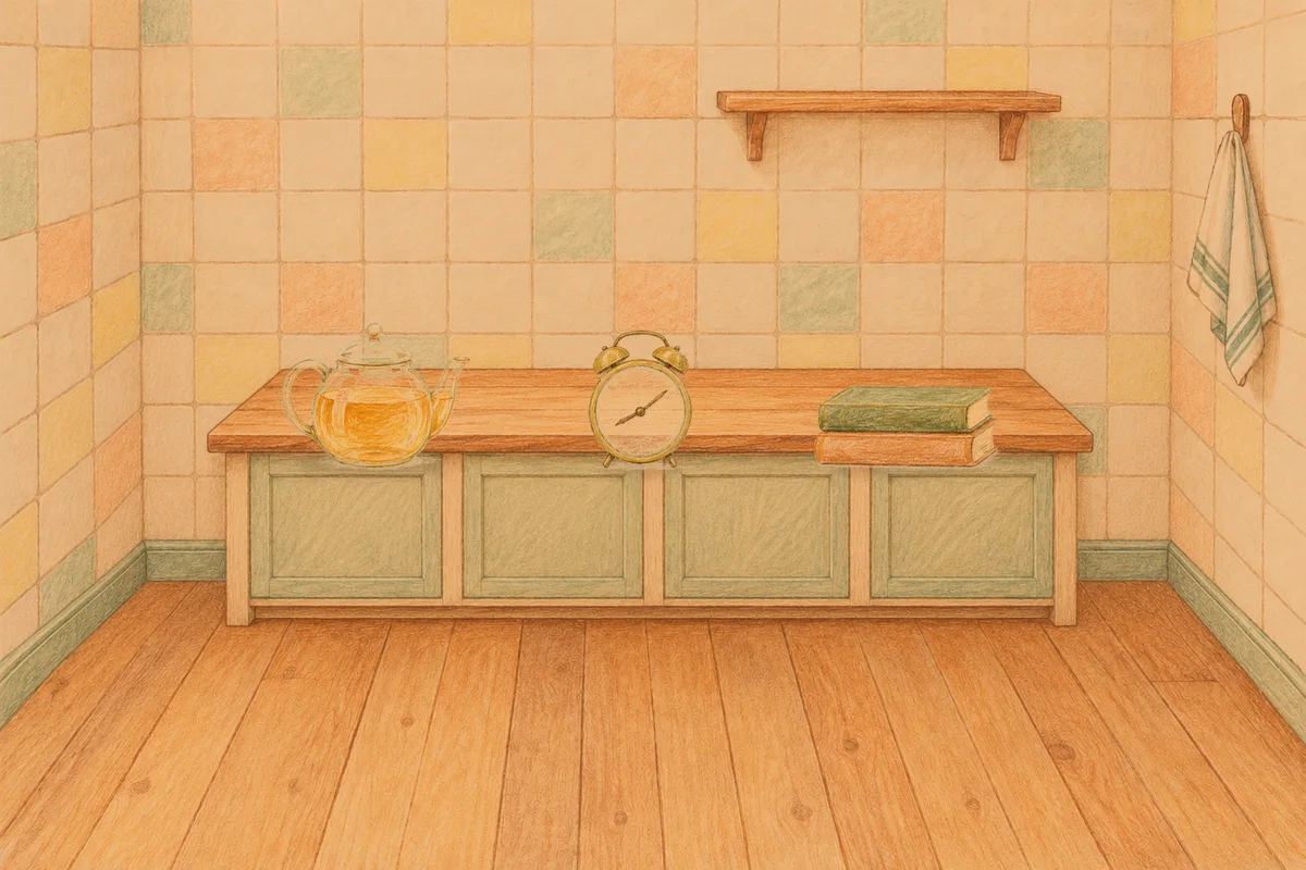 압구정 여성전용 복부 마사지 안내 그림, 저녁의 부엌 나무 조리대 위에 놓인 유리 티포트, 둥근 알람시계, 책 두 권