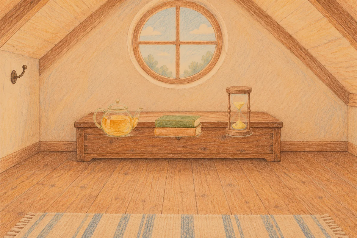 압구정 여성전용 두피 케어 안내 그림, 저녁의 다락방 나무 궤짝 위에 놓인 유리 티포트, 책 두 권, 모래시계