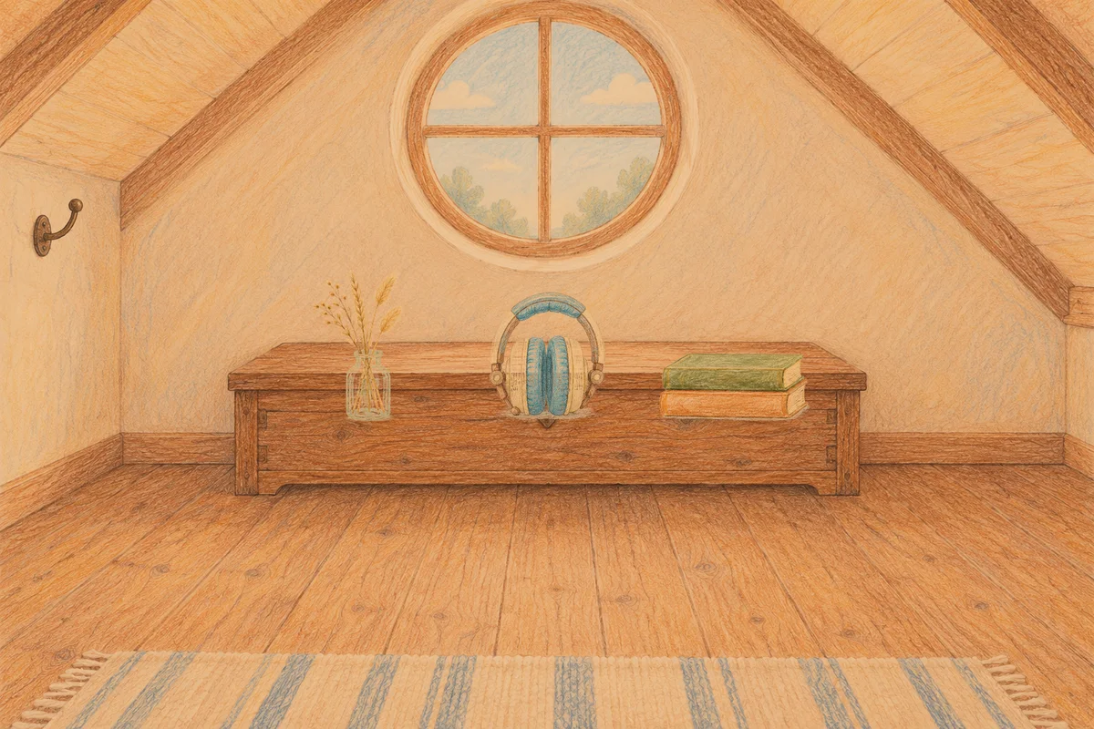 압구정 여성전용 피로 회복 마사지 안내 그림, 저녁의 다락방 나무 궤짝 위에 놓인 마른 풀을 꽂은 항아리, 헤드폰, 책 두 권