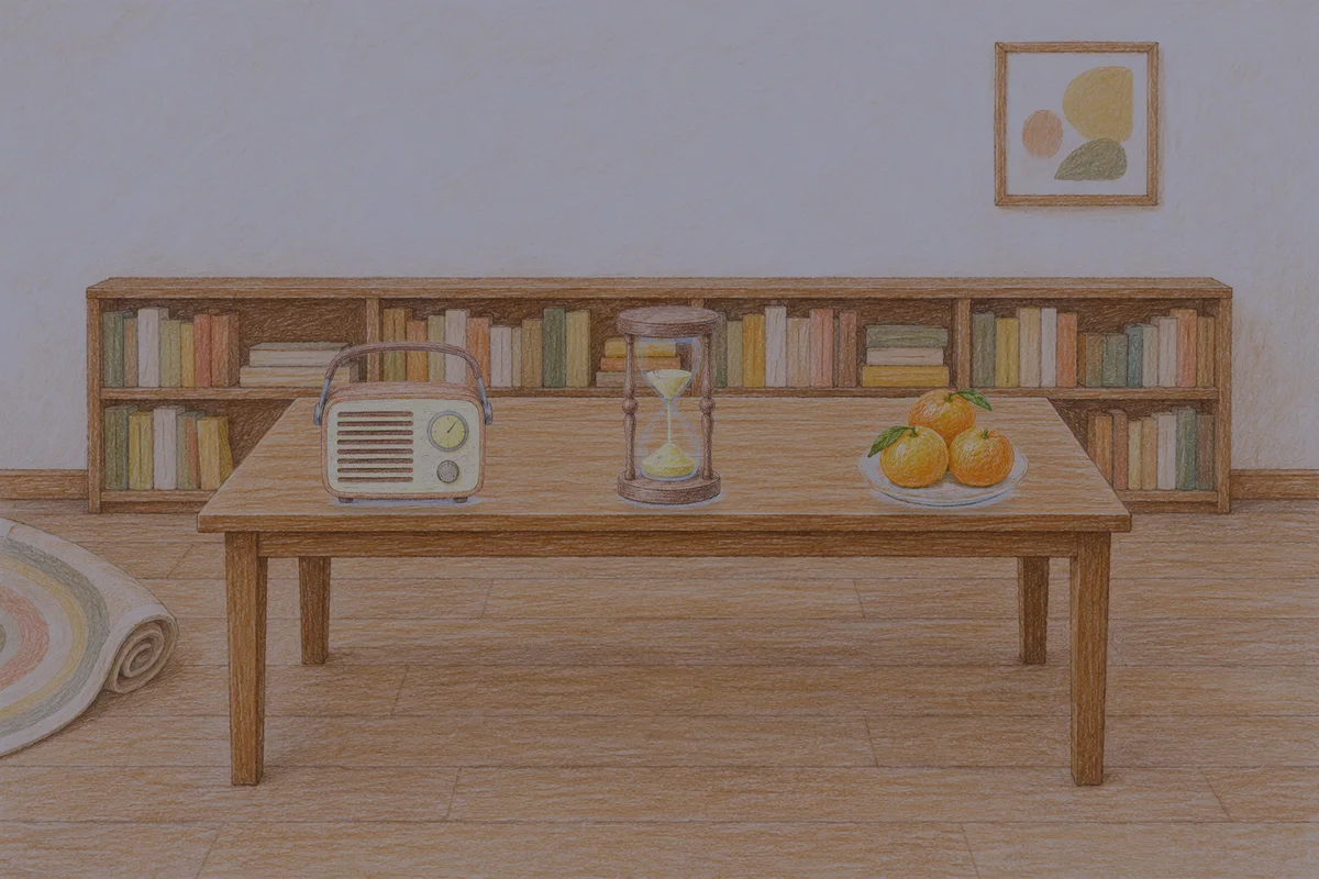 압구정 여성전용 페이셜 마사지 안내 그림, 밤의 서재 긴 책상 위에 놓인 작은 라디오, 모래시계, 귤이 담긴 접시