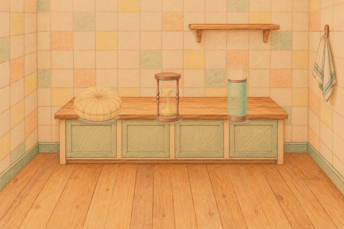 압구정 여성전용 림프 페이셜 안내 그림, 저녁의 부엌 나무 조리대 위에 놓인 둥근 쿠션, 모래시계, 보온병