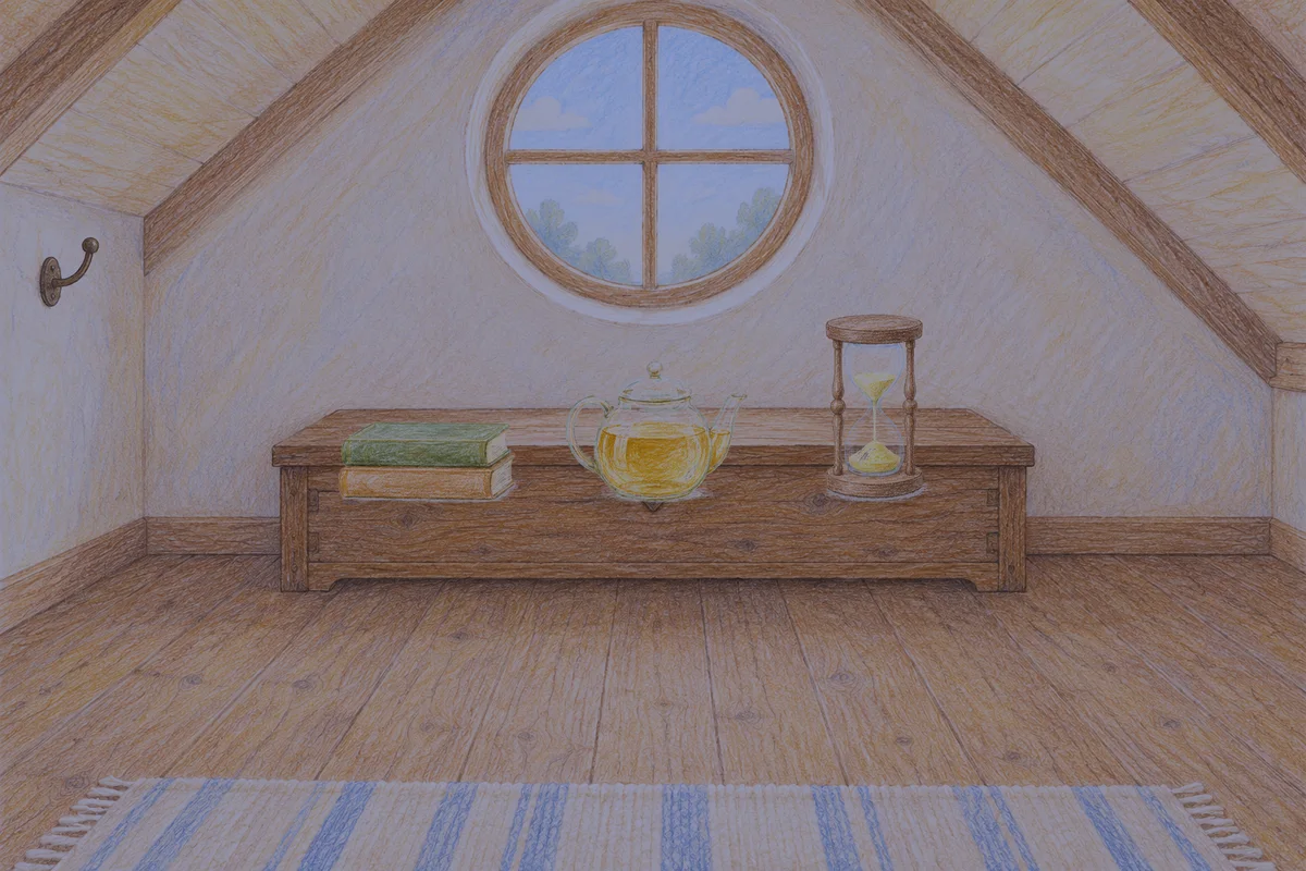 압구정 여성전용 안티에이징 케어 안내 그림, 밤의 다락방 나무 궤짝 위에 놓인 책 두 권, 유리 티포트, 모래시계