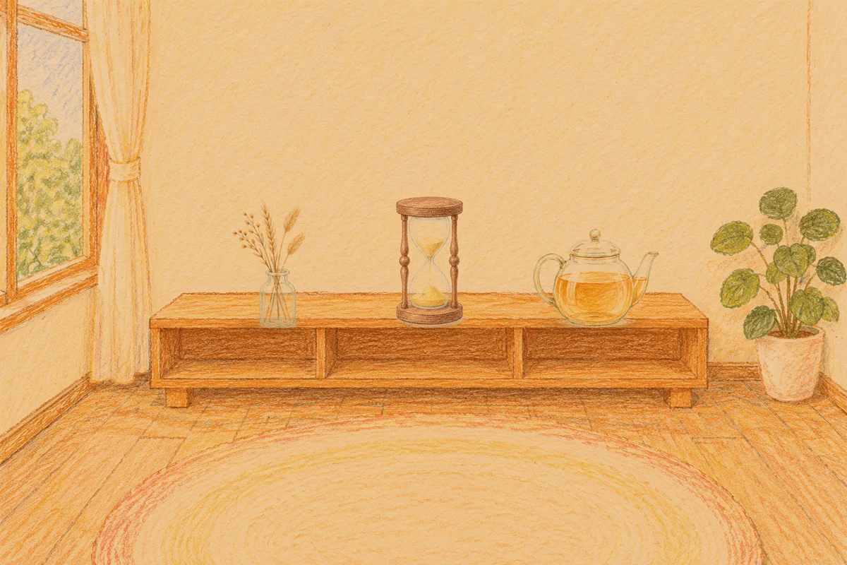압구정 여성전용 브라이덜 케어 안내 그림, 저녁의 창가 낮은 선반 위에 놓인 마른 풀을 꽂은 항아리, 모래시계, 유리 티포트