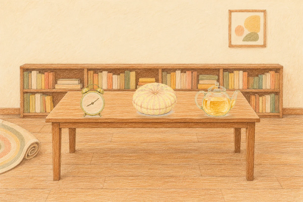 압구정 여성전용 예약 마사지 안내 그림, 낮의 서재 긴 책상 위에 놓인 둥근 알람시계, 둥근 쿠션, 유리 티포트