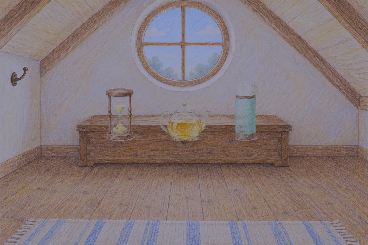 압구정 여성전용 후기 마사지 안내 그림, 밤의 다락방 나무 궤짝 위에 놓인 모래시계, 유리 티포트, 보온병