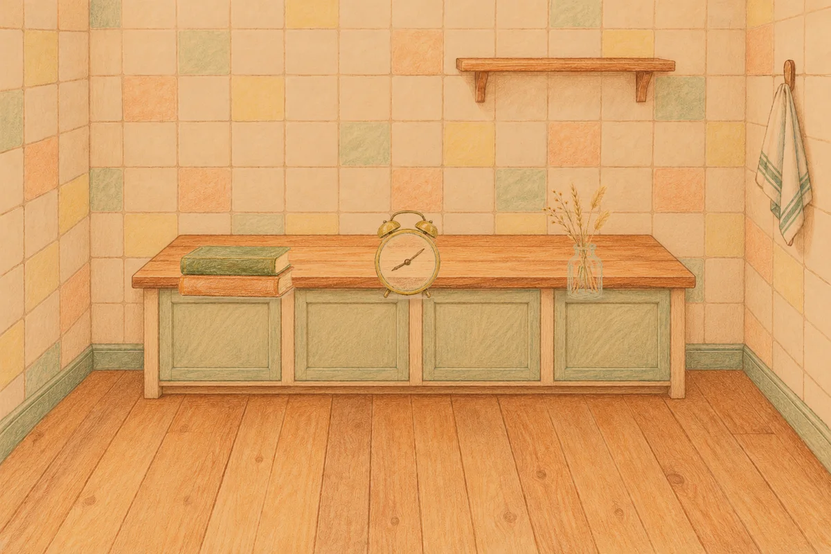 청담동 여성전용 아로마 가격 안내 그림, 저녁의 부엌 나무 조리대 위에 놓인 책 두 권, 둥근 알람시계, 마른 풀을 꽂은 항아리