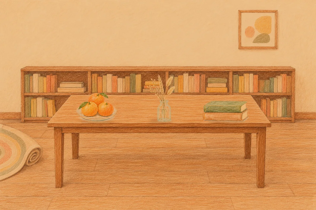 청담동 여성전용 아로마 추천 안내 그림, 저녁의 서재 긴 책상 위에 놓인 귤이 담긴 접시, 마른 풀을 꽂은 항아리, 책 두 권