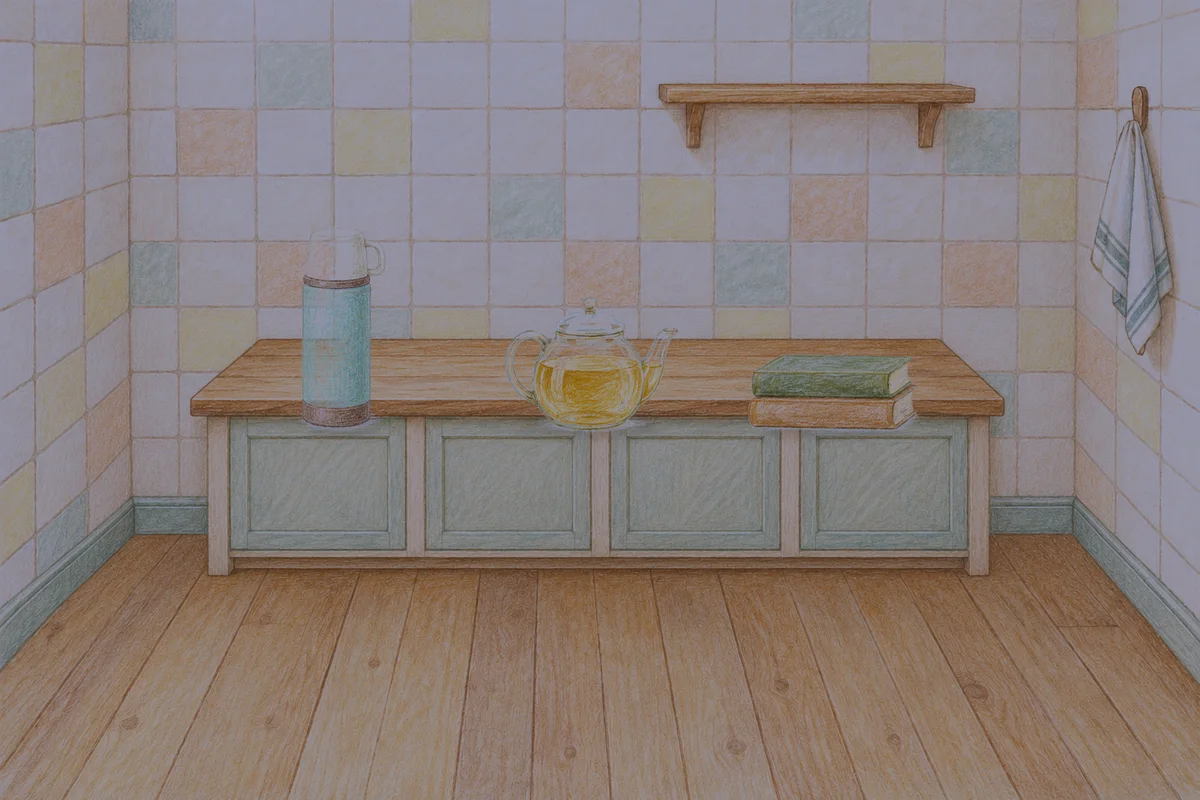 청담동 여성전용 경락 마사지 안내 그림, 밤의 부엌 나무 조리대 위에 놓인 보온병, 유리 티포트, 책 두 권