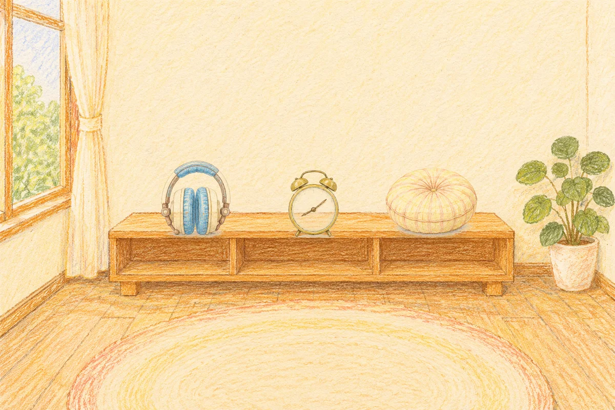 청담동 여성전용 경락 케어 안내 그림, 낮의 창가 낮은 선반 위에 놓인 헤드폰, 둥근 알람시계, 둥근 쿠션