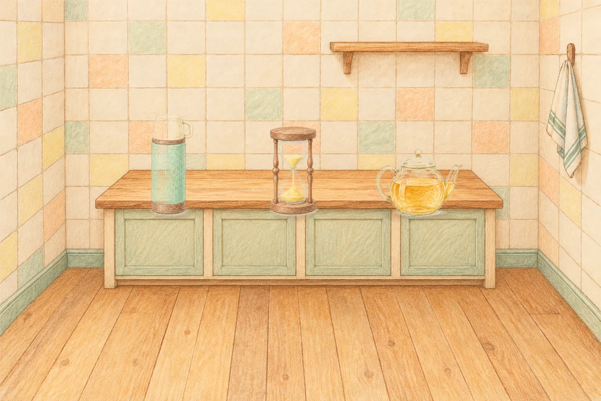 청담동 여성전용 바디 경락 안내 그림, 낮의 부엌 나무 조리대 위에 놓인 보온병, 모래시계, 유리 티포트
