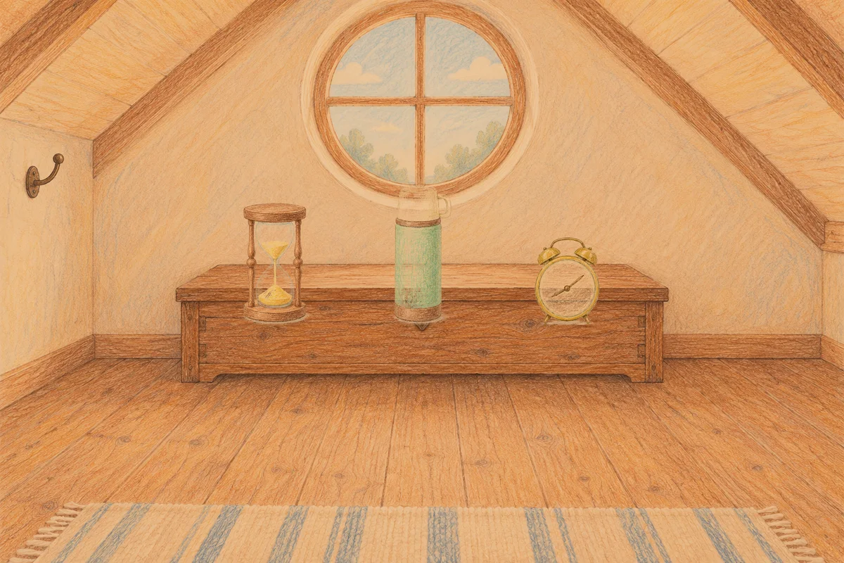 청담동 여성전용 경락마사지 후기 안내 그림, 저녁의 다락방 나무 궤짝 위에 놓인 모래시계, 보온병, 둥근 알람시계