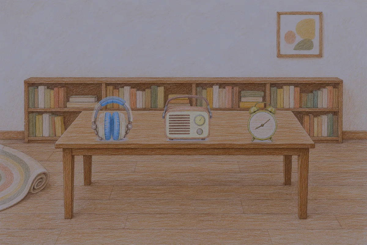 청담동 여성전용 경락 가격 안내 그림, 밤의 서재 긴 책상 위에 놓인 헤드폰, 작은 라디오, 둥근 알람시계
