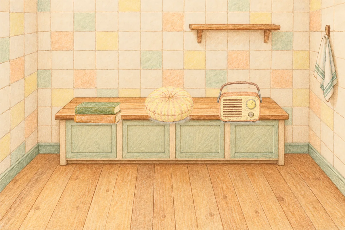 청담동 여성전용 방문 마사지 안내 그림, 낮의 부엌 나무 조리대 위에 놓인 책 두 권, 둥근 쿠션, 작은 라디오