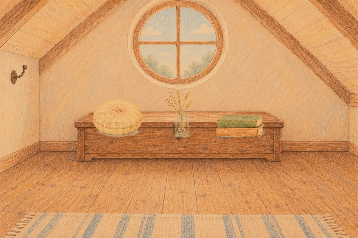 청담동 여성전용 홈케어 서비스 안내 그림, 저녁의 다락방 나무 궤짝 위에 놓인 둥근 쿠션, 마른 풀을 꽂은 항아리, 책 두 권
