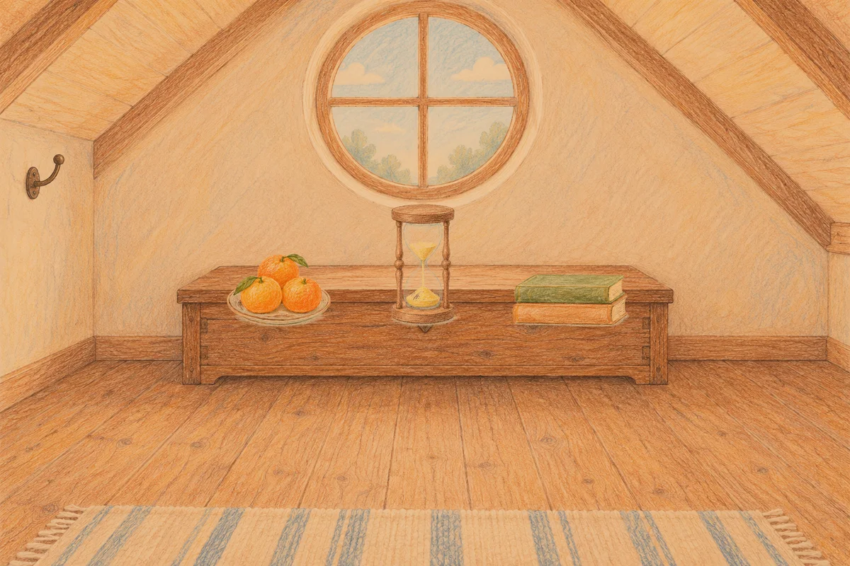 청담동 여성전용 발 케어 안내 그림, 저녁의 다락방 나무 궤짝 위에 놓인 귤이 담긴 접시, 모래시계, 책 두 권