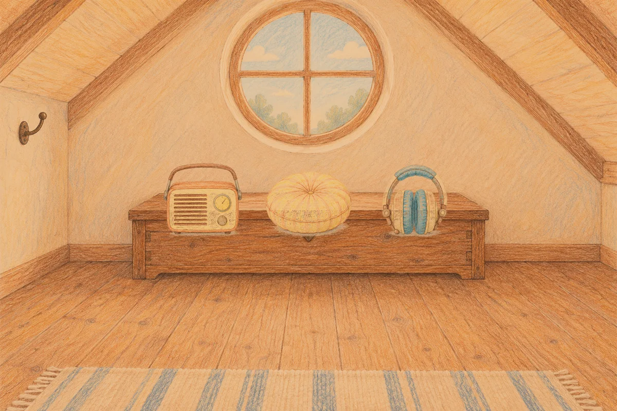 청담동 여성전용 발관리 후기 안내 그림, 저녁의 다락방 나무 궤짝 위에 놓인 작은 라디오, 둥근 쿠션, 헤드폰