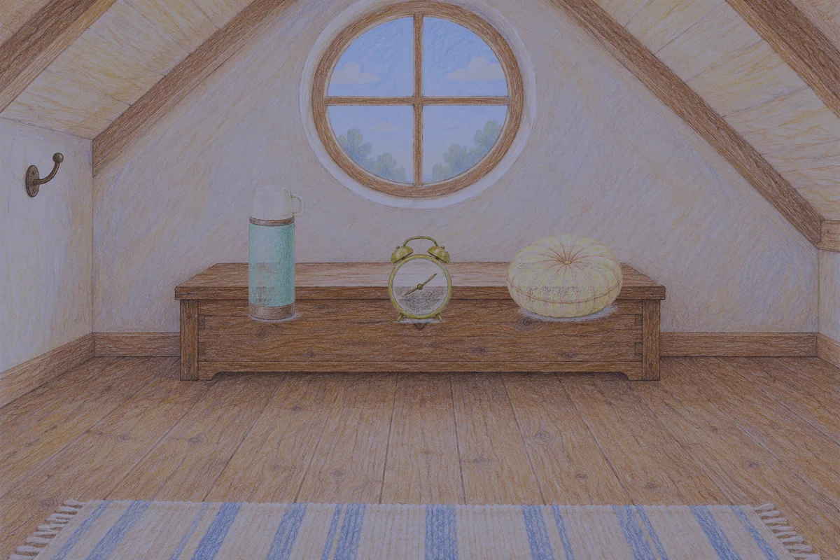 청담동 여성전용 발관리 추천 안내 그림, 밤의 다락방 나무 궤짝 위에 놓인 보온병, 둥근 알람시계, 둥근 쿠션