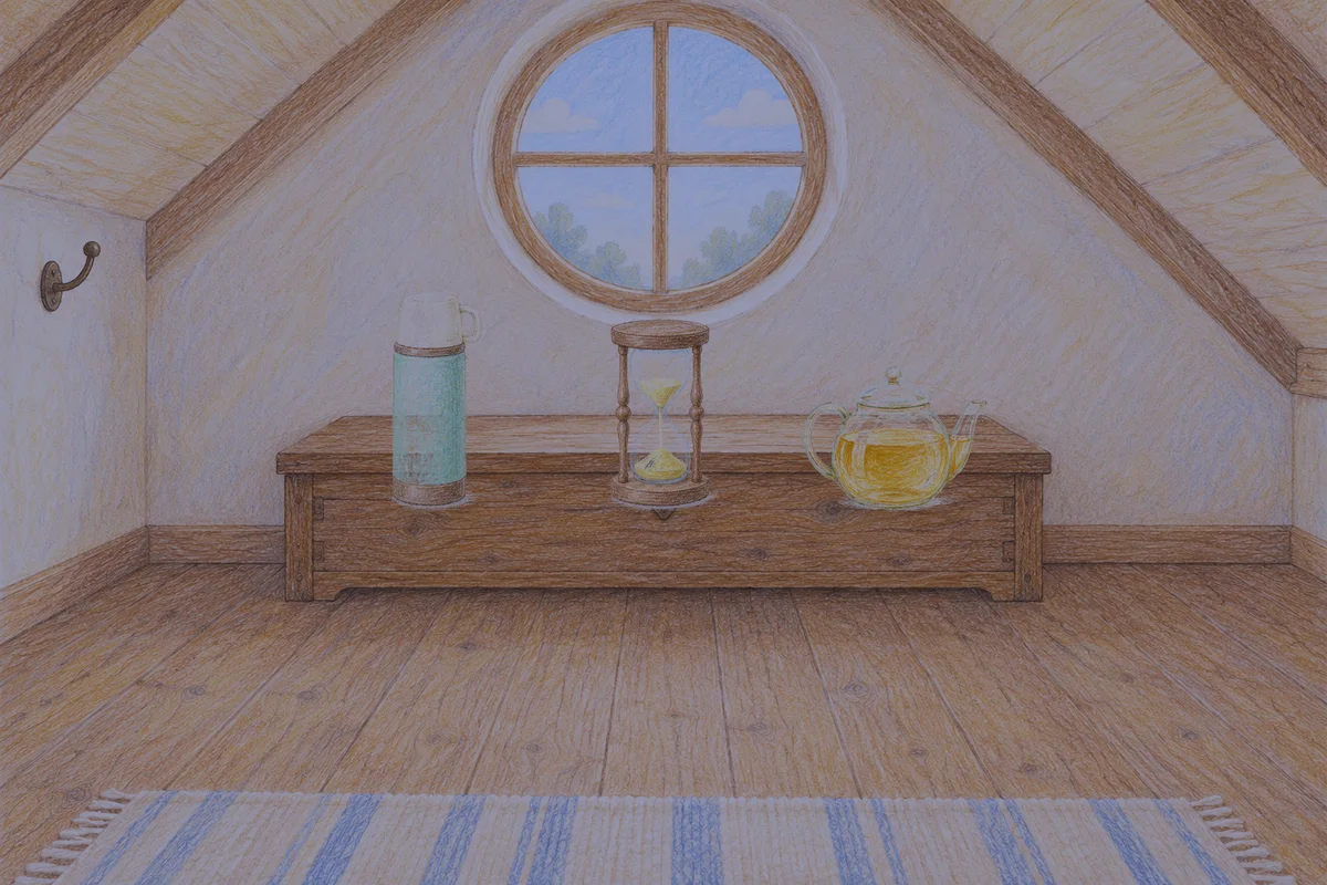 청담동 여성전용 바디 케어 안내 그림, 밤의 다락방 나무 궤짝 위에 놓인 보온병, 모래시계, 유리 티포트