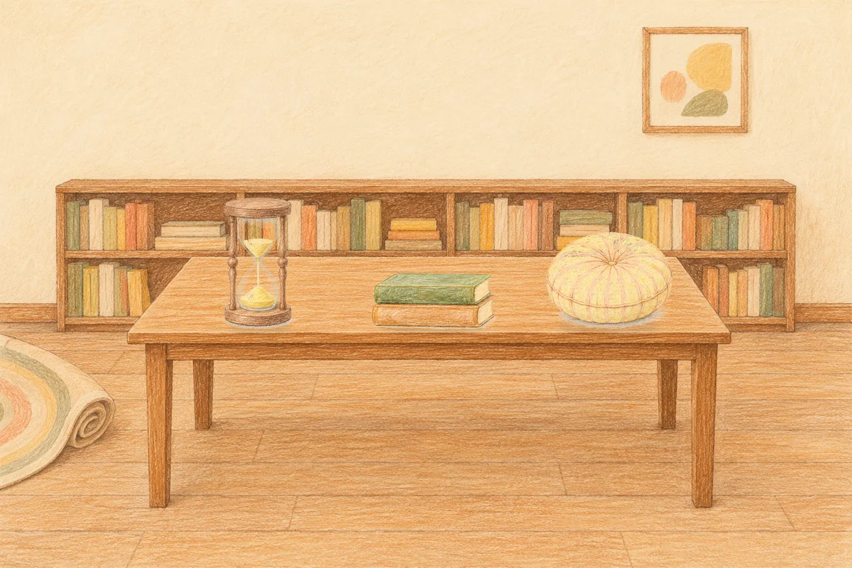 청담동 여성전용 복부 마사지 안내 그림, 낮의 서재 긴 책상 위에 놓인 모래시계, 책 두 권, 둥근 쿠션