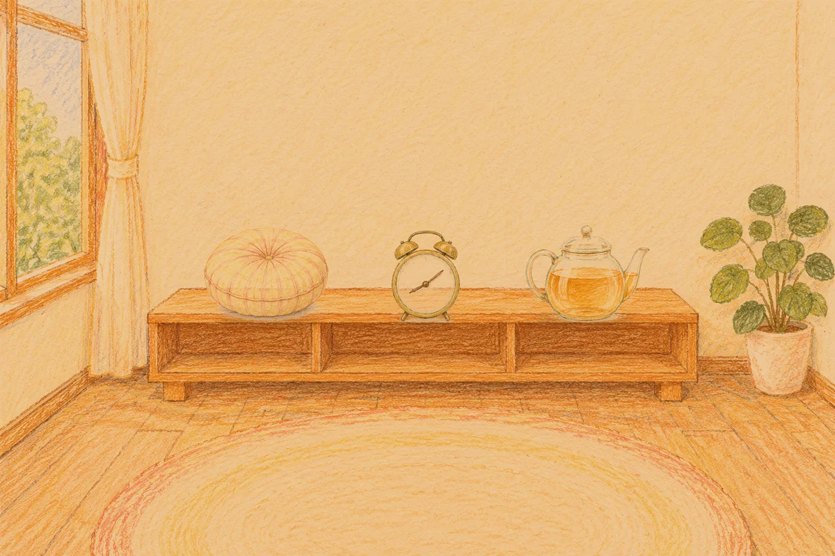 청담동 여성전용 종아리 케어 안내 그림, 저녁의 창가 낮은 선반 위에 놓인 둥근 쿠션, 둥근 알람시계, 유리 티포트