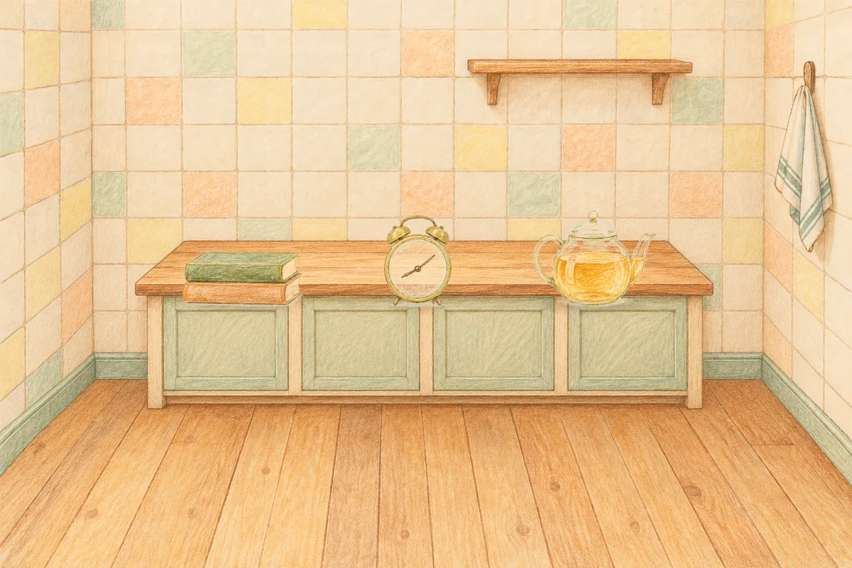 청담동 여성전용 등 마사지 안내 그림, 낮의 부엌 나무 조리대 위에 놓인 책 두 권, 둥근 알람시계, 유리 티포트